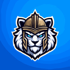 Naklejka premium Fierce warrior lion logo features detailed armor and striking blue eyes against a vibrant blue background