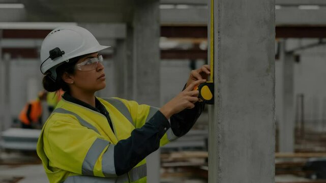 Female construction worker measuring concrete column with tape measure