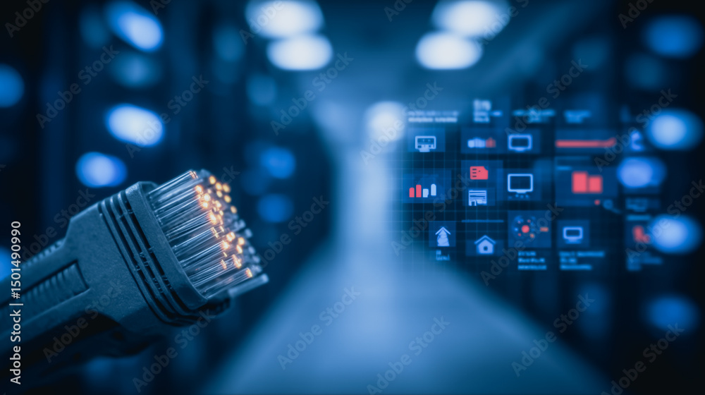 Poster digital network connection: close-up of an ethernet cable in a server room, symbolizing the backbone