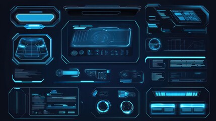 Futuristic blue digital interface elements; HUD, UI, dashboard components