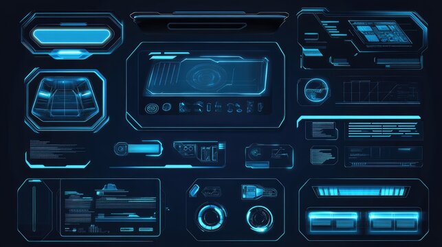 Futuristic blue digital interface elements; HUD, UI, dashboard components