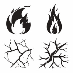 Black and white fire and cracked earth icons set