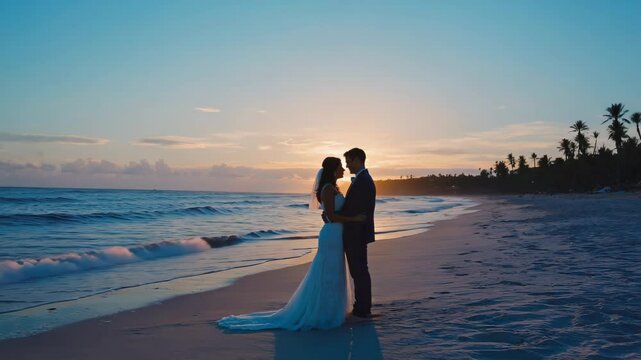 A bride in flowing gown and her groom embrace on a serene shoreline at sunset. Concept of everlasting love and dream destination wedding.