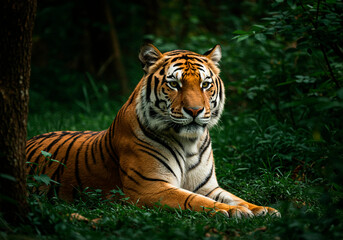 Fototapeta premium Majestic Bengal Tiger Resting in Lush Green Jungle Habitat, Wildlife Photography