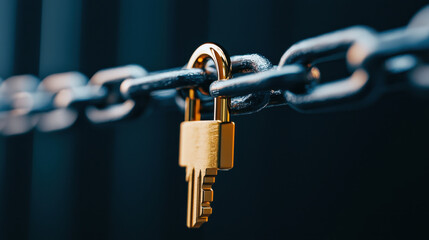 Digital golden key hanging on chain symbolizes security and protection, evoking sense of trust and safety