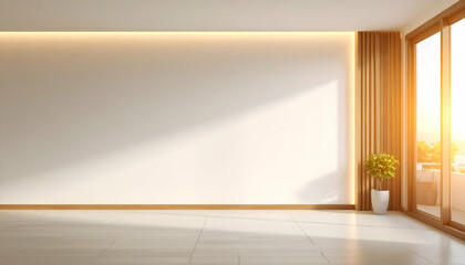 Obraz premium Bright Minimalist Room Interior with Wooden Accents and Balcony View