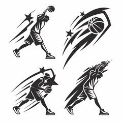 Professional basketball player silhouettes with stars and motion trails on white background