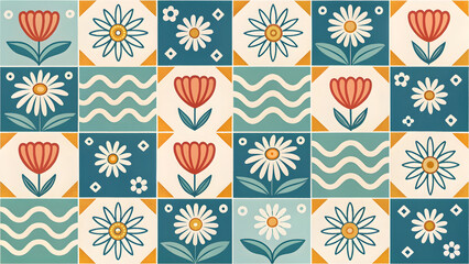 Seamless vector pattern with handpainted ceramic tiles in naive art style. Checkerboard background with daisy and tulip flowers, waves, abstract lines. Geometric retro design, seamless floral pattern