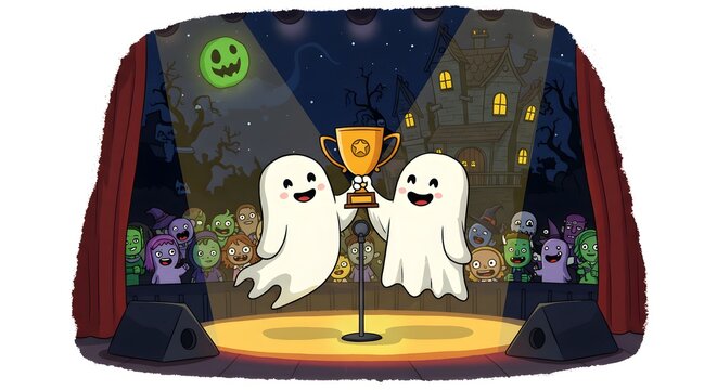 Two cartoon ghosts holding a trophy on stage celebrating a victory in a fun playful illustration