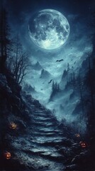 Eerie Halloween Night Stone Steps Leading to Foggy Mountains under a Full Moon with Bats