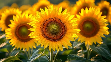 Fototapeta premium A field of radiant sunflowers basks in the sunlight, petals gleaming with vibrant yellow hues and centers filled with rich details, creating a captivating summer scene. 