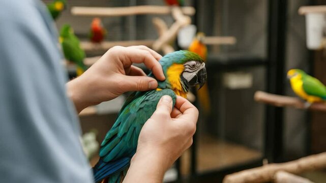 Man gently petting colorful parrot in enclosure