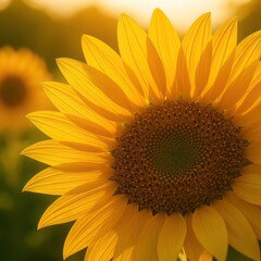Fototapeta premium A close-up view showcases the radiant beauty of a sunflower, its petals catching the sunlight, and a blurred background hints at the warm, sunny day.