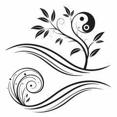 Yin yang symbol with floral design and swirling waves