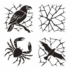 Black silhouettes of crow crab and cracked backgrounds