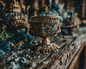 Ornate Metal Bowl, Rustic Setting
