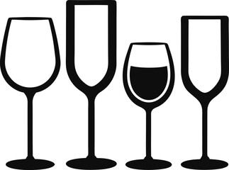 Wine glass and bottle silhouette vector, Set of drinks glasses vector illustration