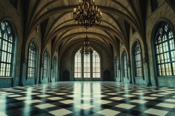 Grand hall with chandeliers and checkered floor
