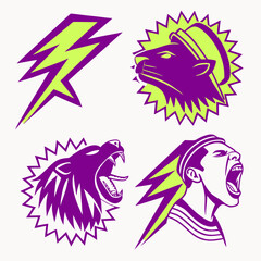 Professional purple and lime green animal and lightning bolt designs on transparent background