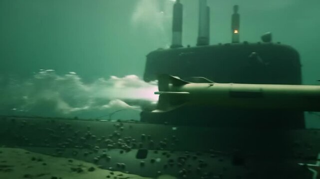 Submarine launching torpedo underwater: oceanic military action sequence