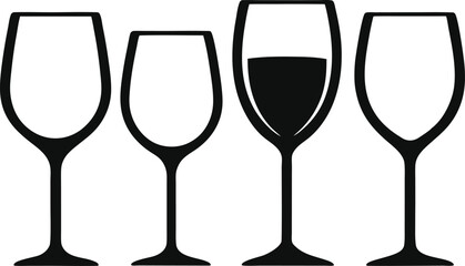 Wine glass and bottle silhouette vector, Set of drinks glasses vector illustration