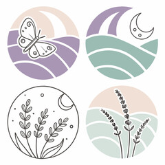 Pastel floral and celestial circle designs butterfly lavender moon