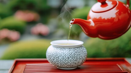 A red teapot pours steaming tea into a patterned cup outdoors on a red tray, surrounded by a serene garden setting.