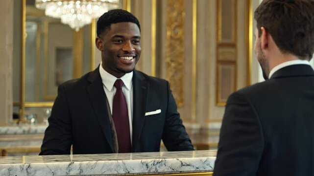 A friendly african american hotel concierge chats with a client across a gleaming marble counter. Concept of inclusive service and guest trust.