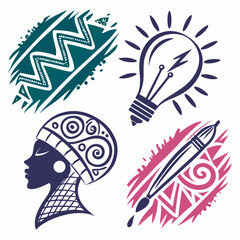 Abstract art design elements woman lightbulb paintbrush ethnic patterns