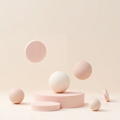 Fototapeta premium A soft pastel 3D scene featuring floating oval and spherical forms arranged in perfect visual balance. Subtle shadows on a matte surface. No texture, smooth surfaces only. Minimal, clean, suitable for