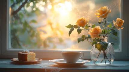 Cozy Morning by the Window – Tea, Cake, and Yellow Roses

