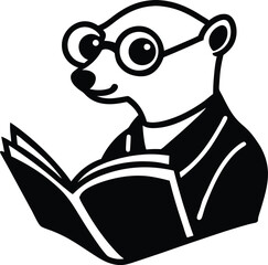 Obraz premium A clever meerkat wearing glasses reads a book illustrating education and wisdom in black and white
