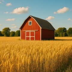 Fototapeta premium A rustic red barn stands serenely amidst a field of golden wheat, capturing the essence of rural charm under a vibrant blue sky.
