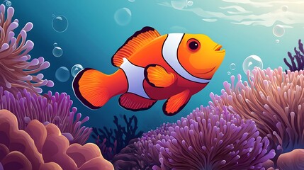 Illustration of an orange clownfish amidst a vibrant coral reef.