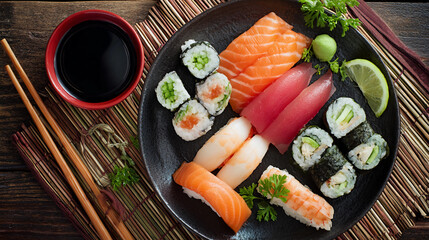 Plate of sushi and sashimi on bamboo mat, clean food styling