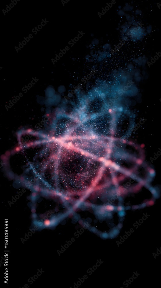Poster digital particles forming a rotating atom structure