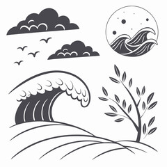 Stylized nature scene waves clouds tree birds moon