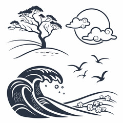 Obraz premium Serene landscape with ocean wave tree and birds