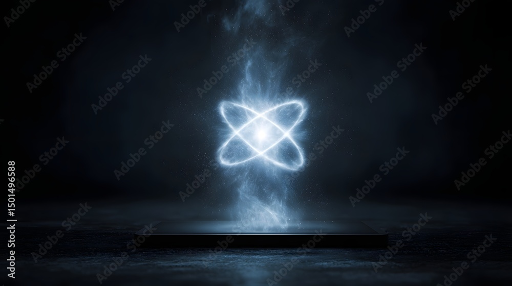 Wall mural glowing atom symbol projected from an advanced smart device