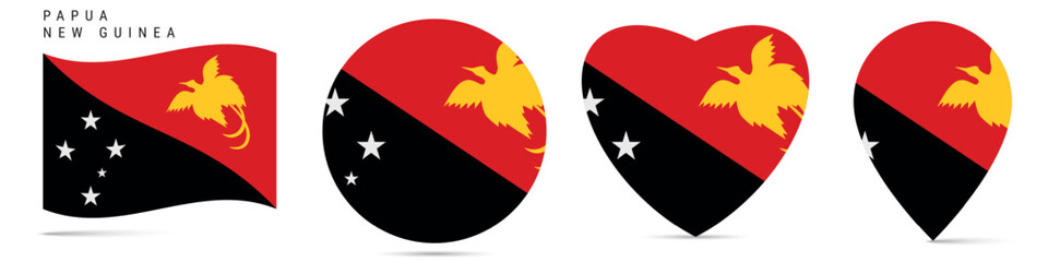 Papua New Guinea waving flag, round circle sticker badge, heart shaped icon, map pin. Papuan flag buttons of different shapes. Vector illustration isolated on white.