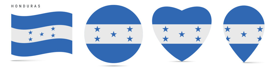 Honduras waving flag, round circle sticker badge, heart shaped icon, map pin. Honduran flag buttons of different shapes. Vector illustration isolated on white.