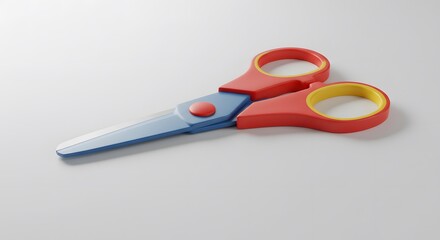 A single school safety scissor with colorful plastic handles placed diagonally on a white matte background.