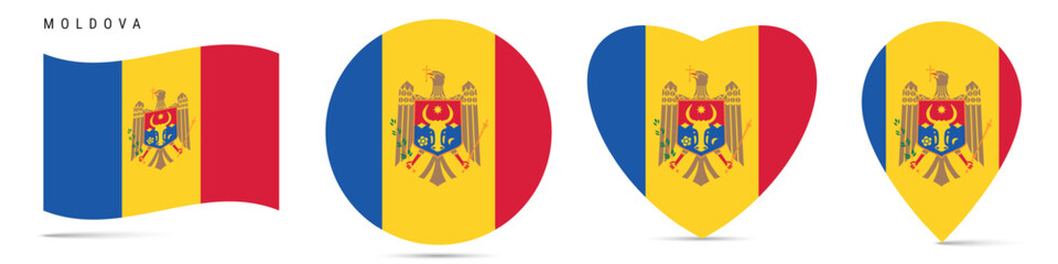 Obraz premium Moldova waving flag, circle badge, heart shaped, map pin. Flat vector illustration isolated