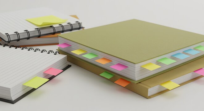 Image of school notebooks with personalized tabs, post-its sticking out of the pages.