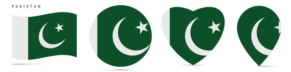 Pakistan waving flag, circle badge, heart shaped, map pin. Flat vector illustration isolated