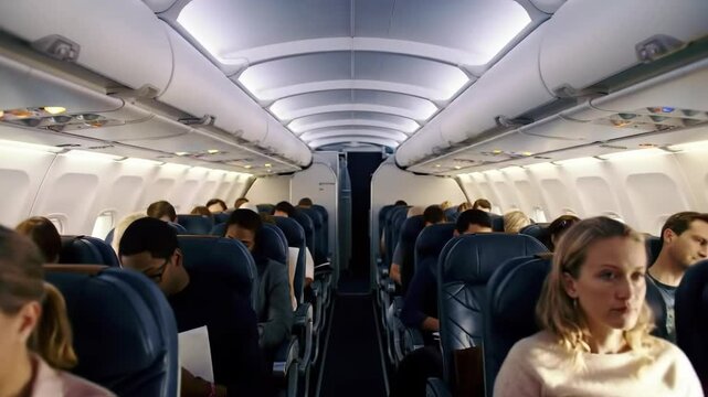 Passengers settling in airplane cabin amid ambient lighting for departure