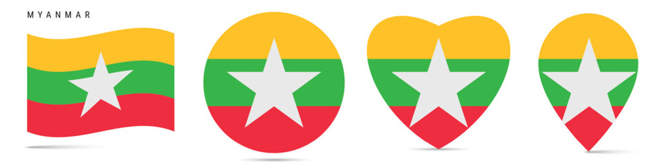 Myanmar waving flag, circle badge, heart shaped, map pin. Flat vector illustration isolated