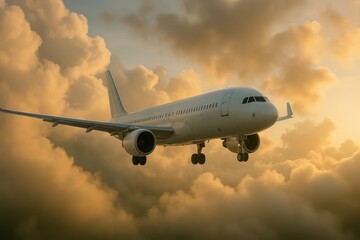 Obraz premium Airplane landing through clouds at sunset.