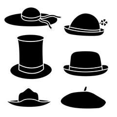 Set of Hats Black and White Fedora Hat Silhouette Icon Vector