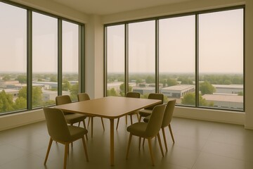 Fototapeta premium An empty modern meeting room offering panoramic views of a town, office buildings with natural light. Featuring a large wooden table and chairs arrangement.